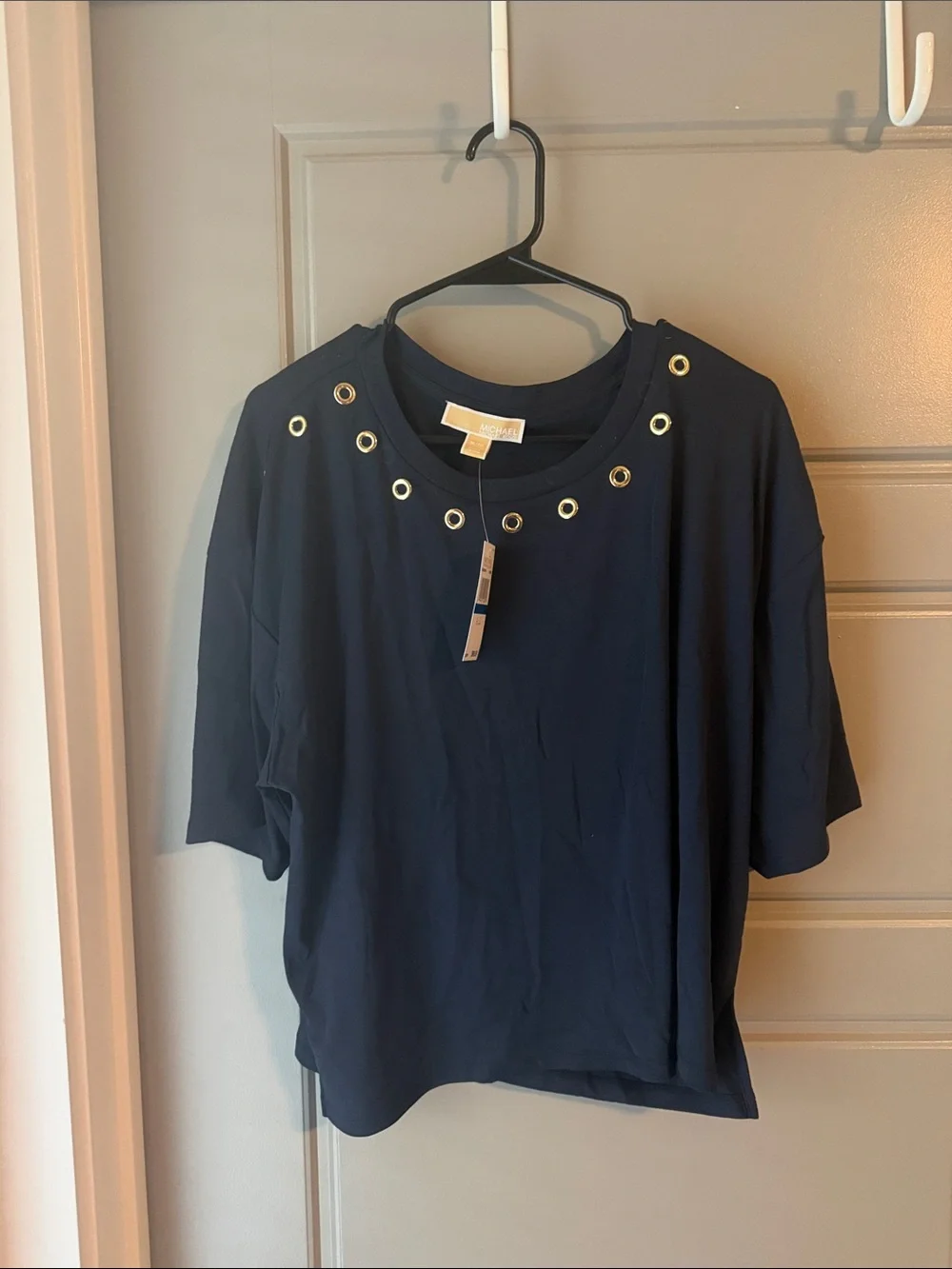 NWT Michael Kors Admiral Blue Short Sleeve Tee with Gold Grommet Neckline